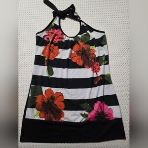 Kiwi Black and White Striped Tank Top with Floral Design